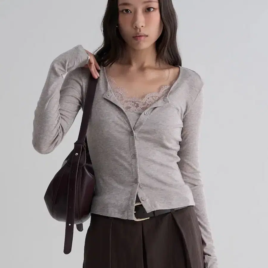 에잇세컨즈 레이스 나시 레이어드 가디건 세트 그레이 베이지 L