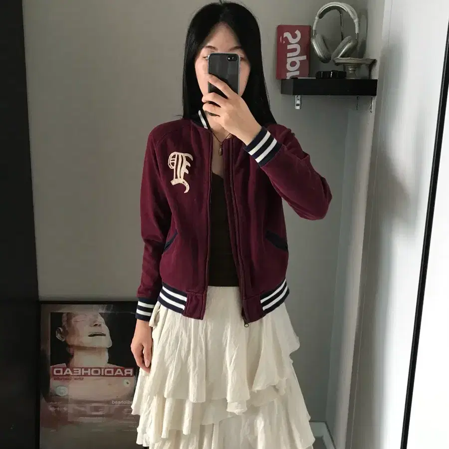 폴로 랄프로렌 자수로고 버건디 바시티 자켓