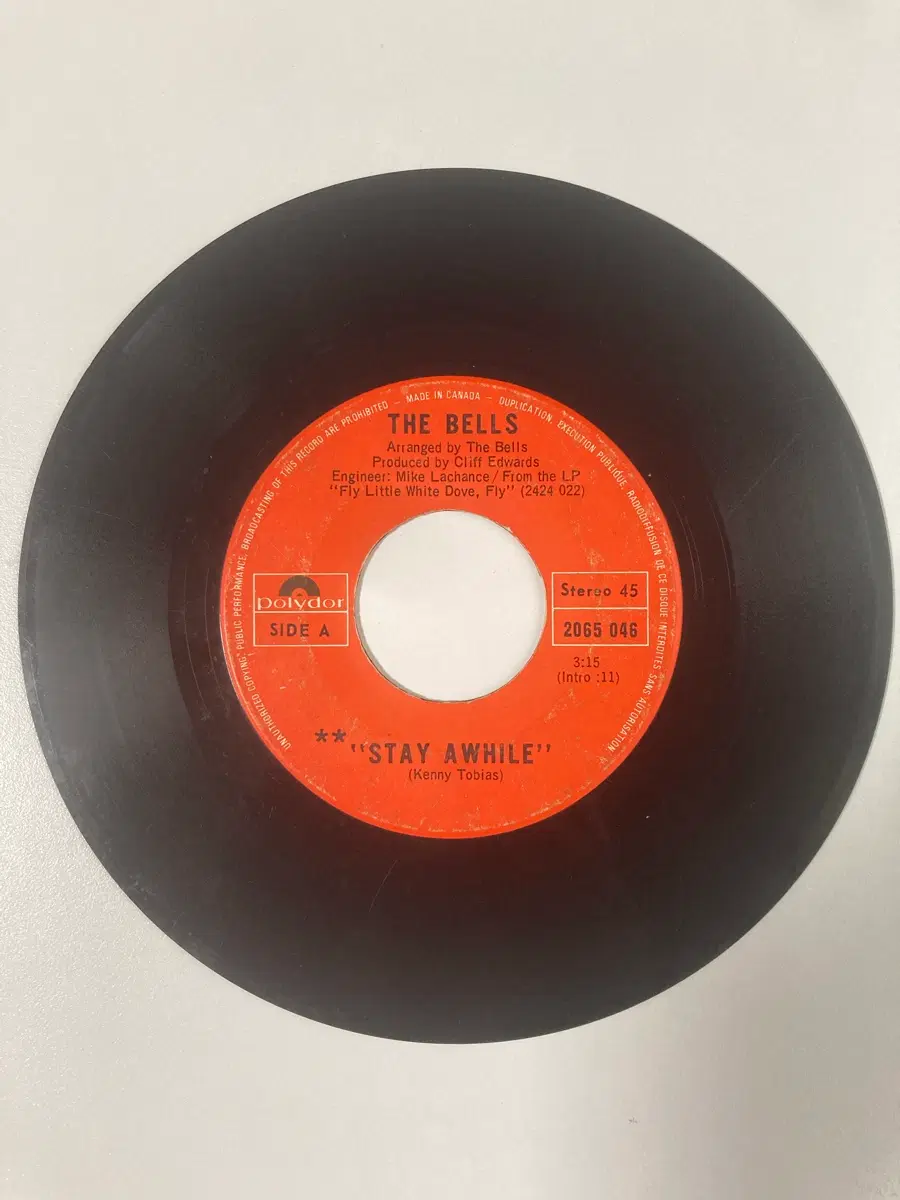 바이닐 The Bells 캐나다 초판 7인치 Stay Awhile