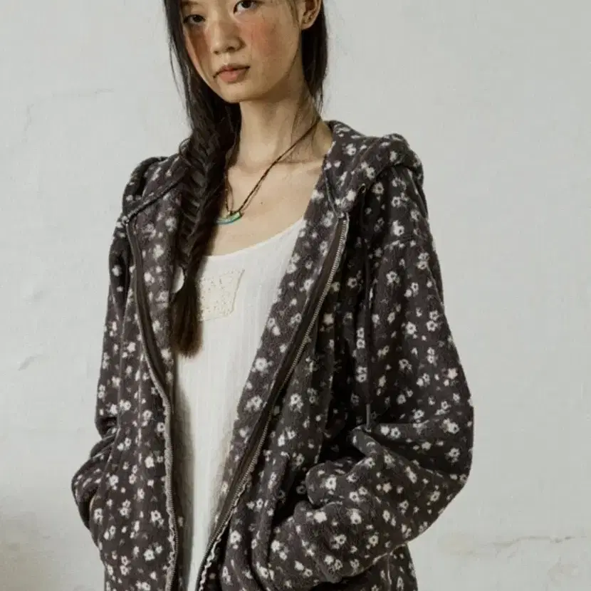 호쿠스포쿠스 Mellow Flower Fleece Zip-Up_Grey 플리스 집업