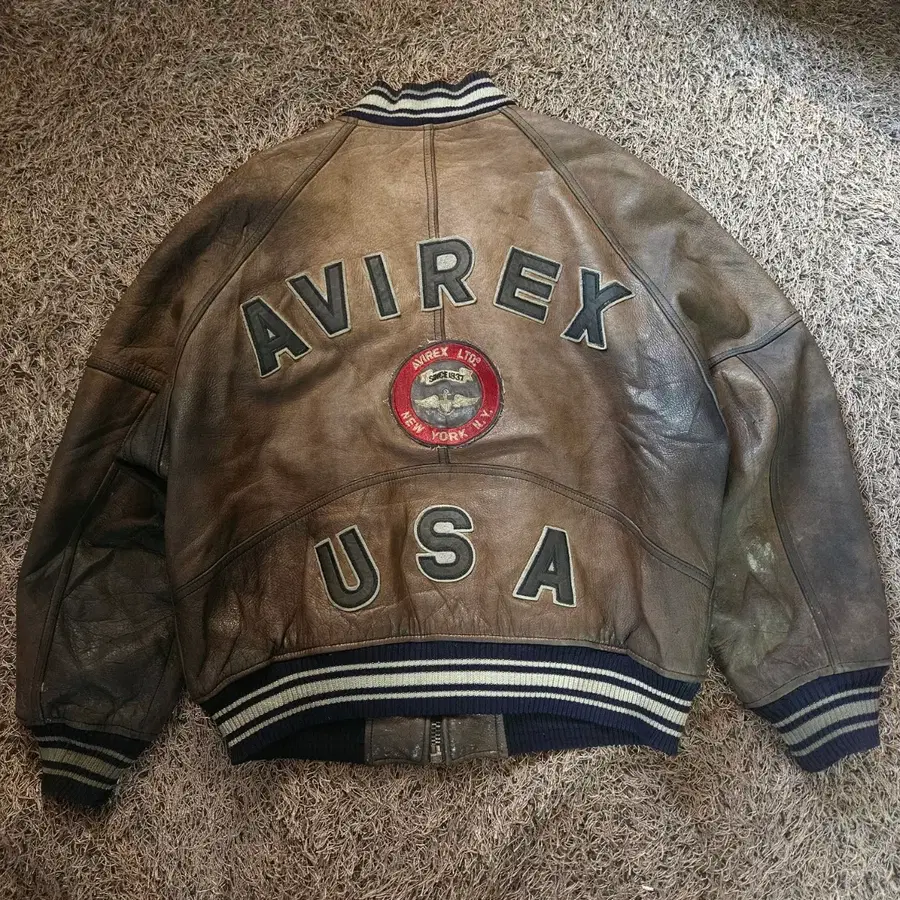 아비렉스(Avirex) 90's 빈티지 페인팅 가죽 블루종 자켓 M size