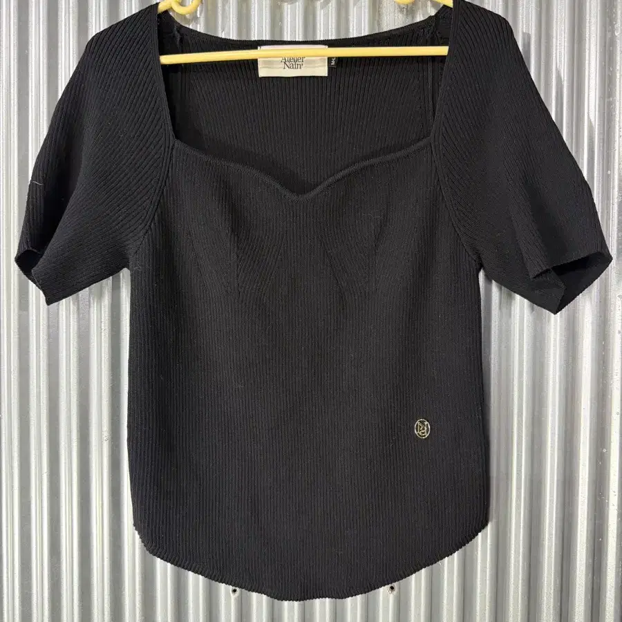 M/L 나인 Atelier Nain 스퀘어넥 하트넥 골지 반팔 니트 티셔츠 블랙