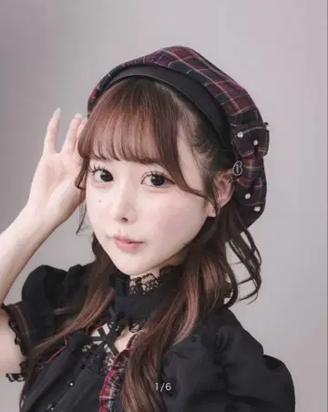 pium 체크 무늬 리본 베레모 레드 체크