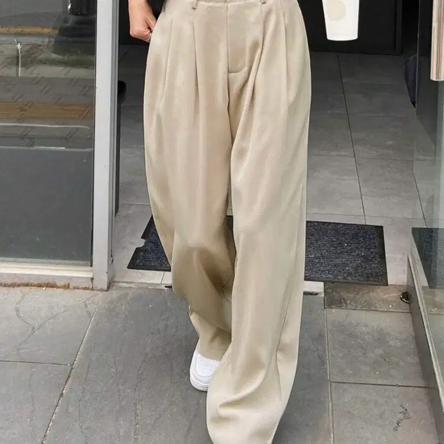 베이지 M 쉐인 여성 플리츠 와이드 슬랙스 스트레이트 레그 캐주얼 비즈니스 바지 팬츠