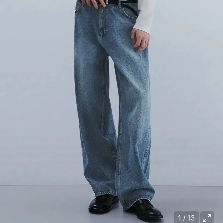 포트너스 Wide Straight Washed Jeans  (Greyish Blue) S (29-31)