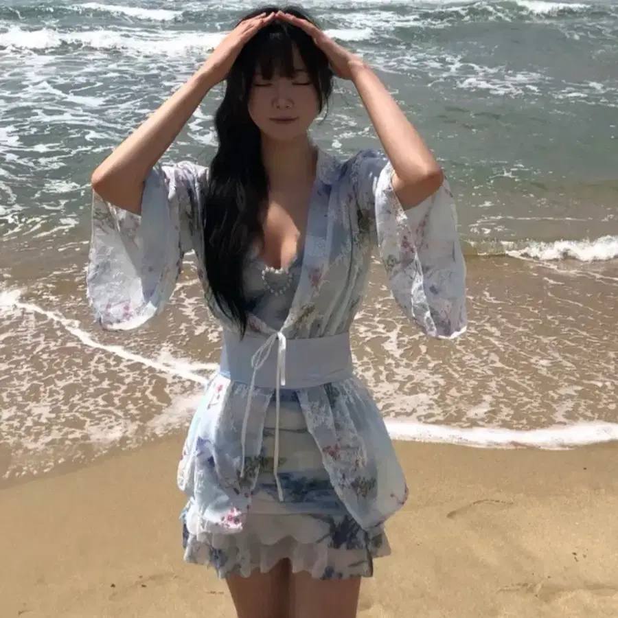 하늘색 기모노 꽃무늬 랩 원피스