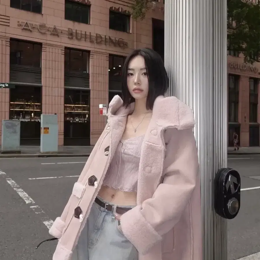 페일제이드 더플 시어링 후디드 코트 핑크