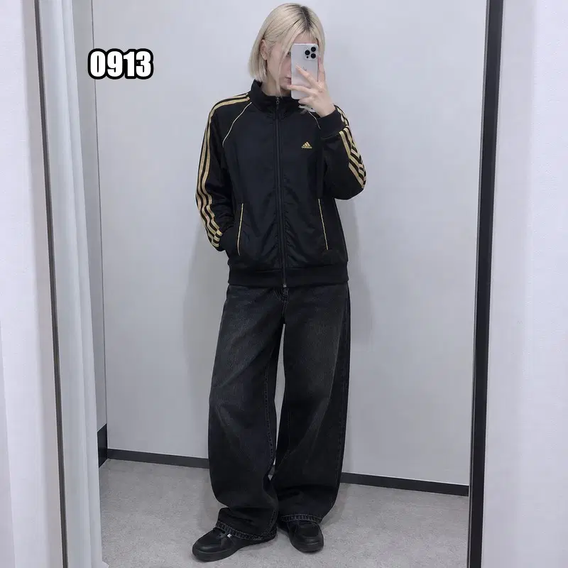 L 아디다스 올드스쿨 블랙 골드 트랙탑 져지