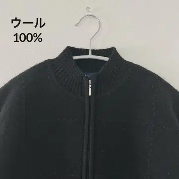 카렌 스캇 [PM] 집업 니트 격자 무늬 리브 소매 블랙 양모 울
