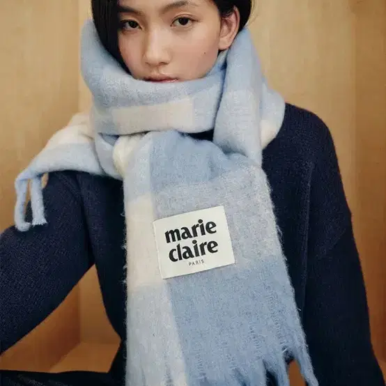 마리끌레르 코튼캔디 체크 머플러 블루