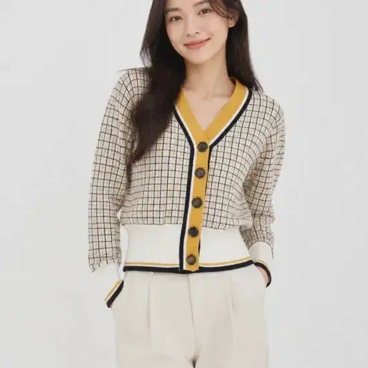 여F/더틸버리 옐로우 격자 패턴 가디건