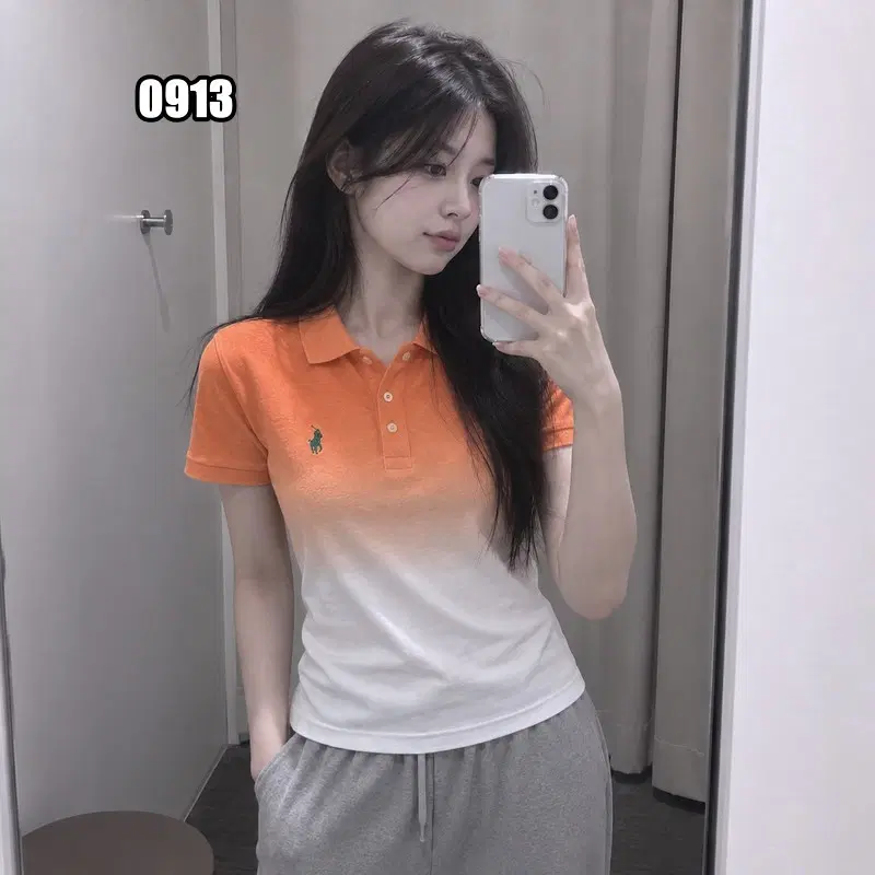 L 폴로 랄프로렌 오렌지 화이트 그라데이션 반팔 카라티