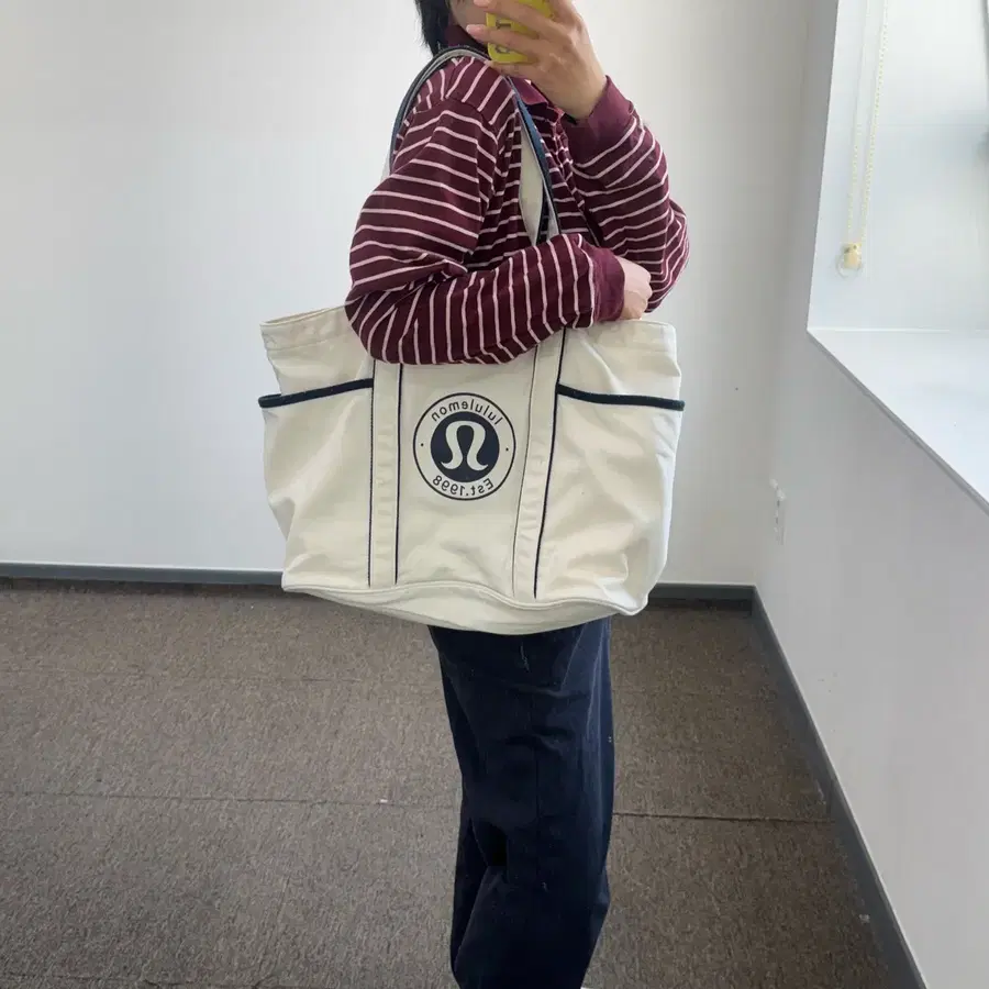 Lululemon 룰루 레몬 빅로고 네이비 배색 캔버스 토트백