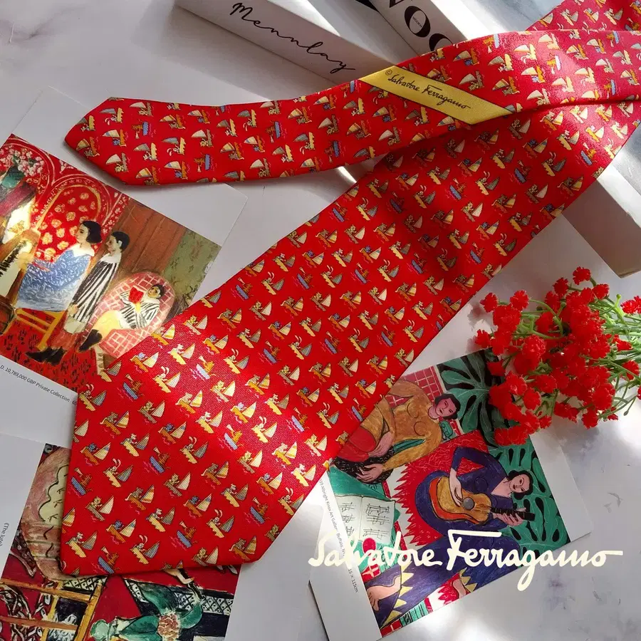 페라가모 레드 애니멀 요트 모티브 넥타이 9.7cm A+~A등급 k3663