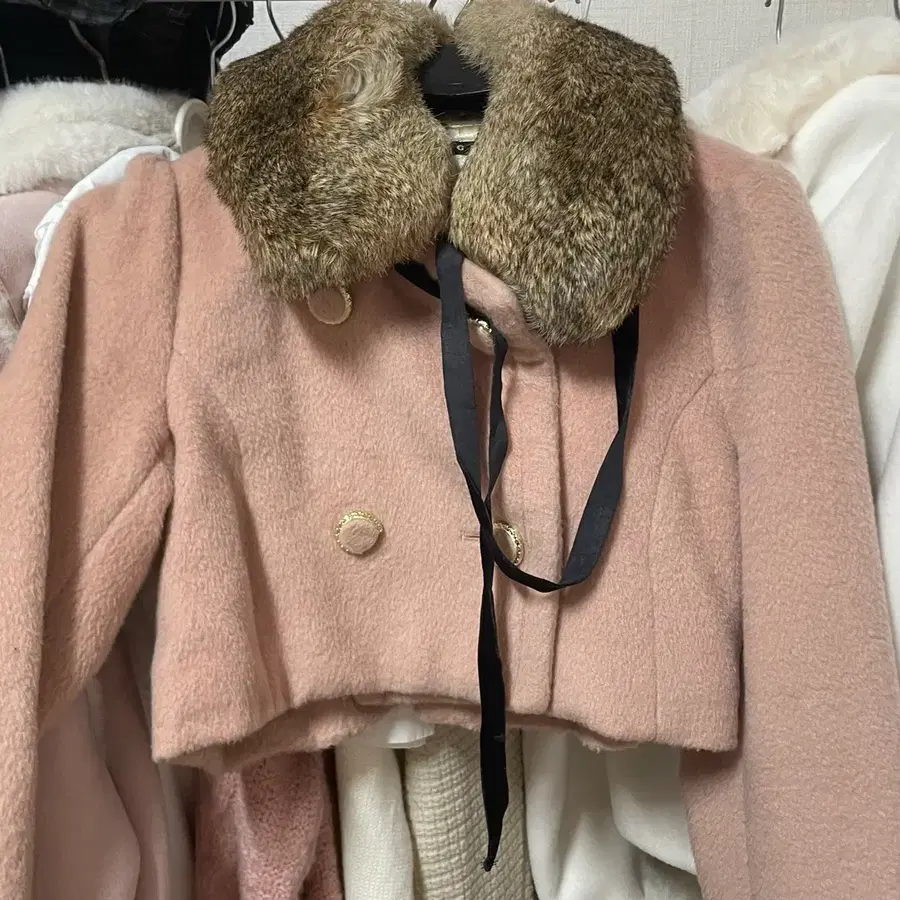인스타 빈티지 히메갸루 일녀 퍼 카라 코트 핑크