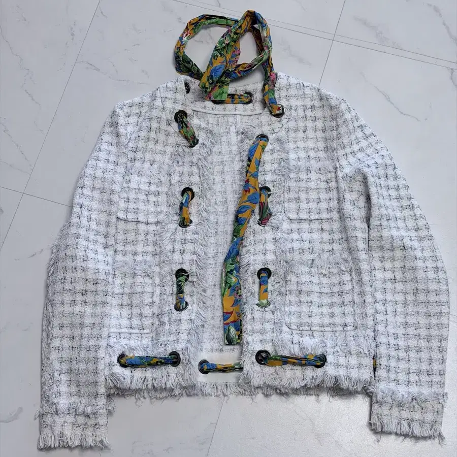MSGM 트위드 자켓 화이트 배색 리본