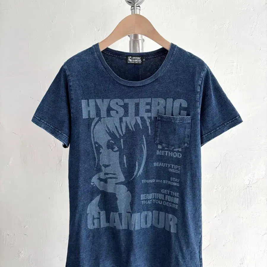 Hysteric Glamour 히스테릭글래머 블루 인디고 케미컬 워싱 그래픽 포켓 반팔 티셔츠