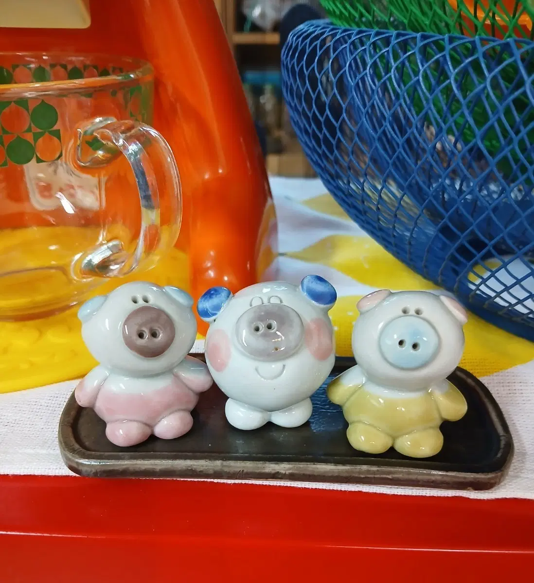 빈티지 피그 삼형제 도기 장식
