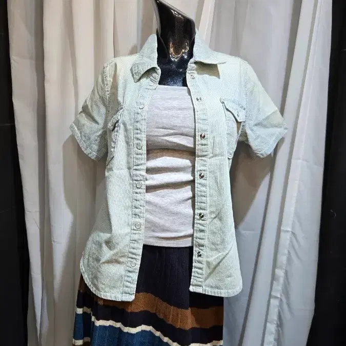 S,M,L 732 앞버튼 세로 스트라이프 데님 남방