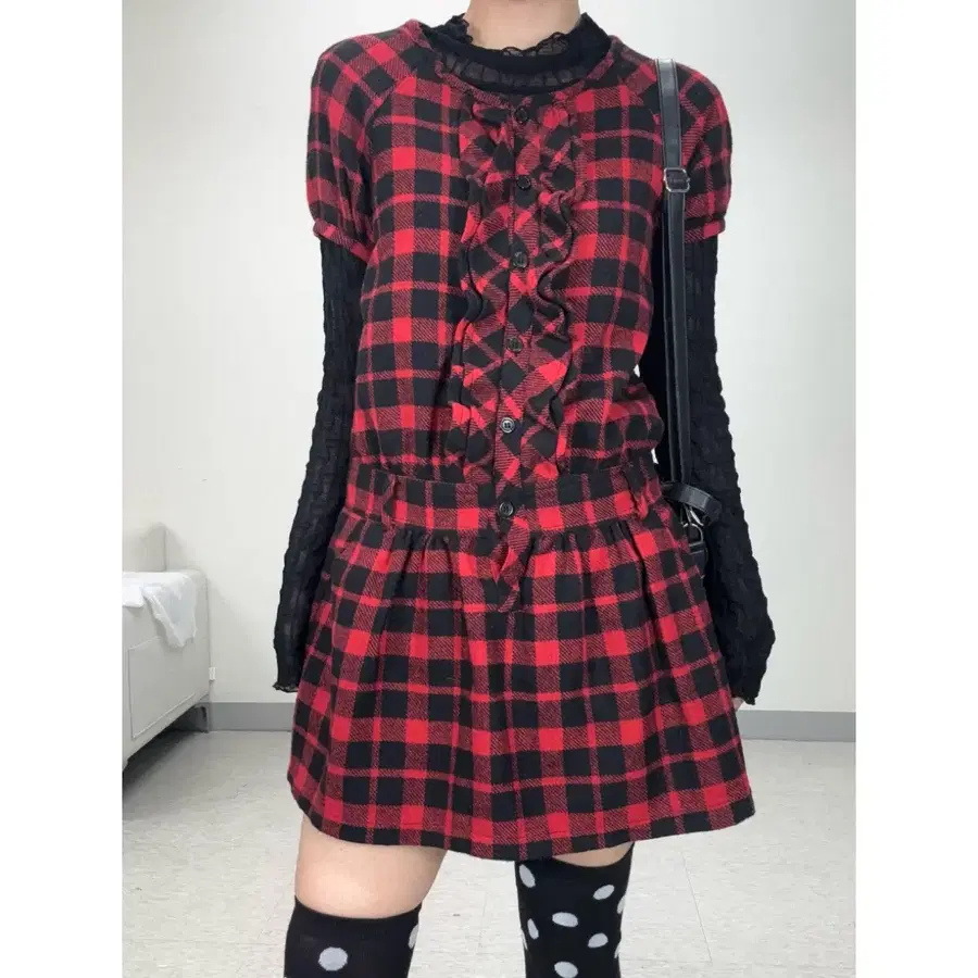 일본빈티지 울 타탄체크 레드 반팔 미니원피스