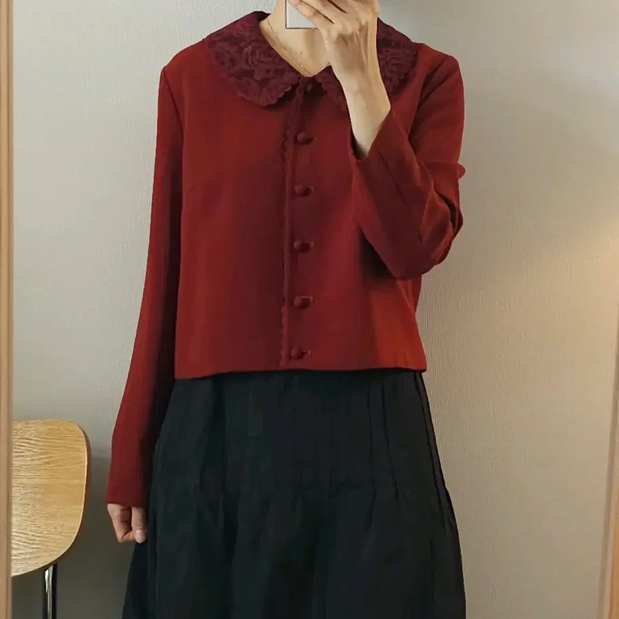 (M)일본빈티지 KETTY 여성 레이스카라넥 긴팔 자켓 와인