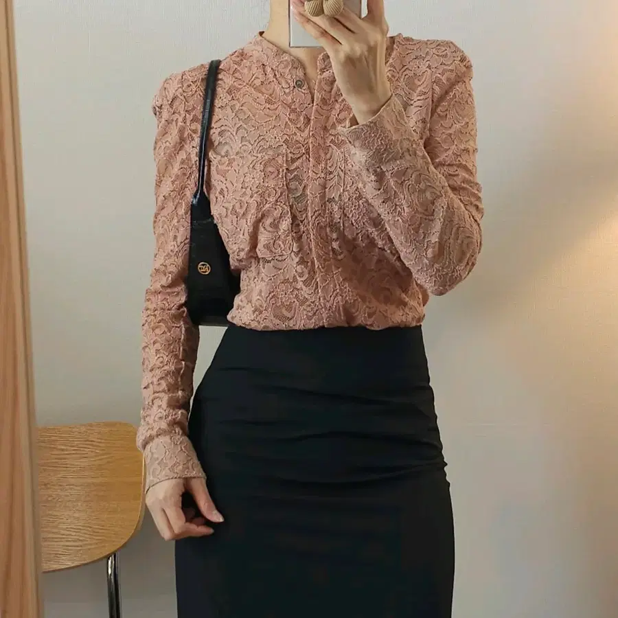 (새상품/44)시슬리 여성 레이스 긴팔 블라우스 핑크