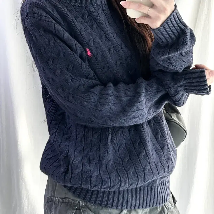 폴로 핑크포니 네이비 케이블니트