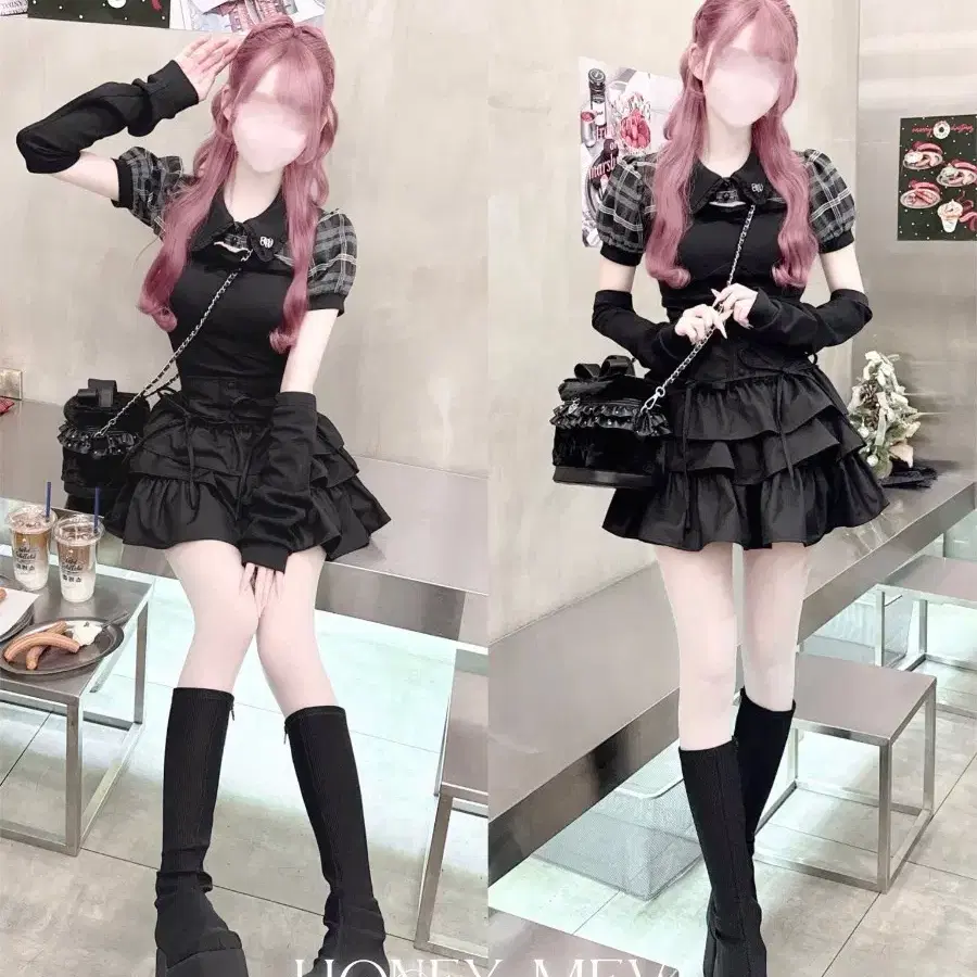 허니뮤 암커버 체크 앙상블 탑