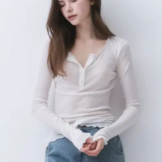 더티스 SHEER LACE BUTTON T-SHIRT 화이트 새상품