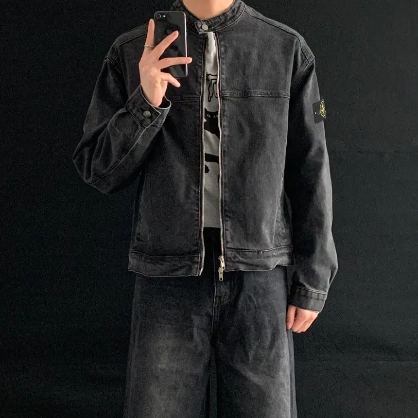 워싱 스판 데님 바이커 자켓