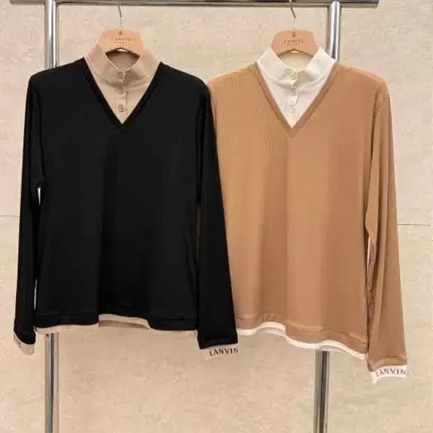 랑방블랑 여성 브이넥 레이어드 긴팔티 블라우스 2칼라