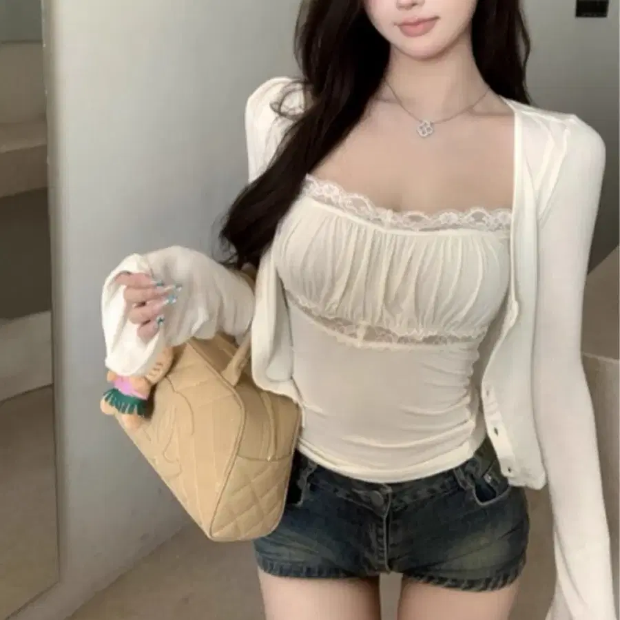 482. 프롬비기닝 레이스 셔링 끈조절 나시 가디건 세트 아이보리