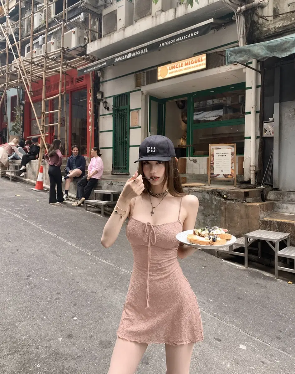 478. 히프나틱 레이스 끈나시 넥스트링 슬립 미니원피스 핑크 (뒷지퍼)