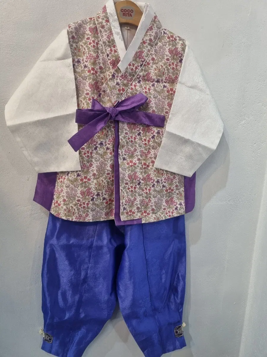 아동 한복 꽃무늬 조끼 청보라색 바지 세트
