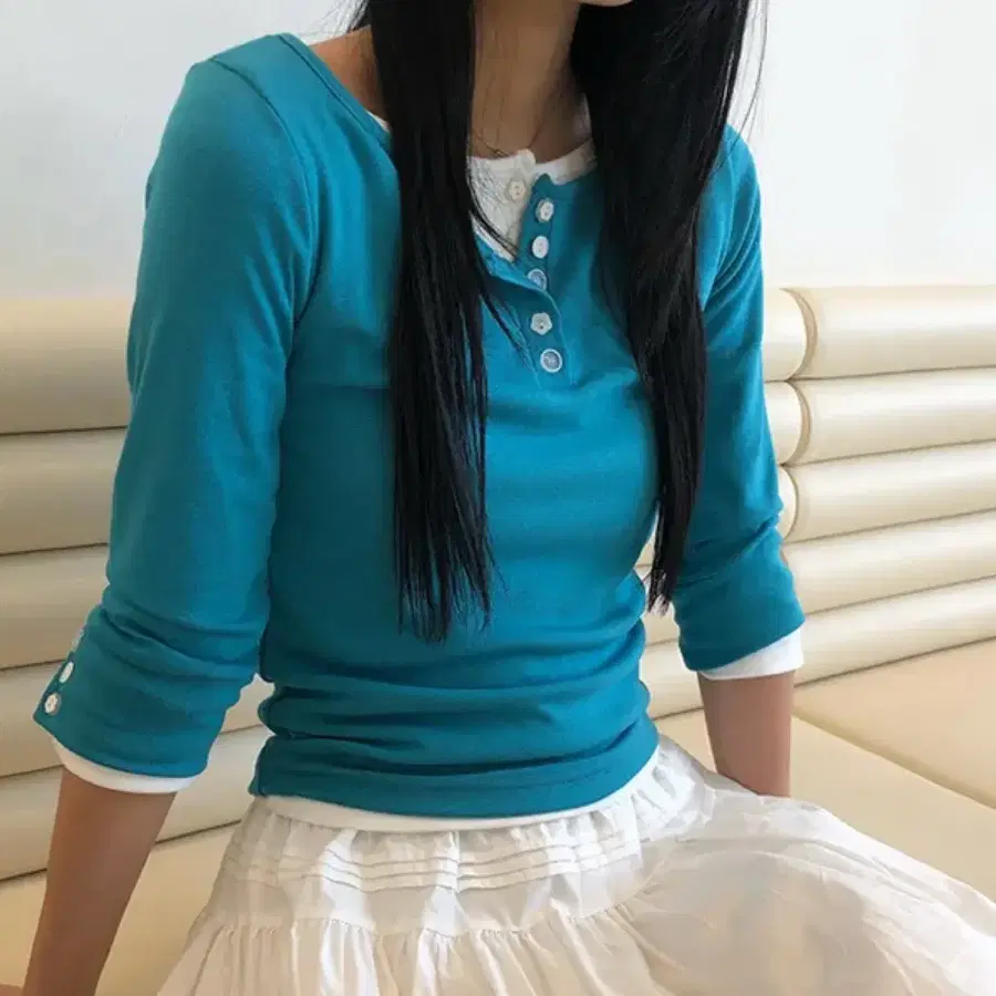 애니원모어 버튼 7부 티셔츠 청록/화이트