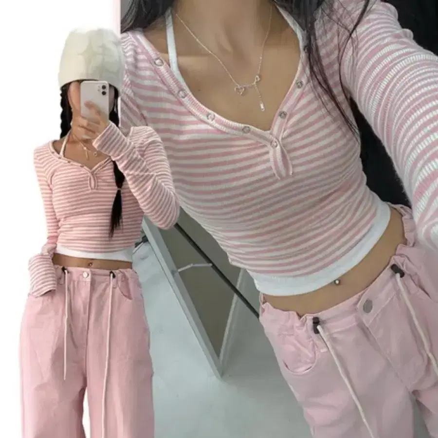 아쿠비클럽 스트라이프 핑크 크롭