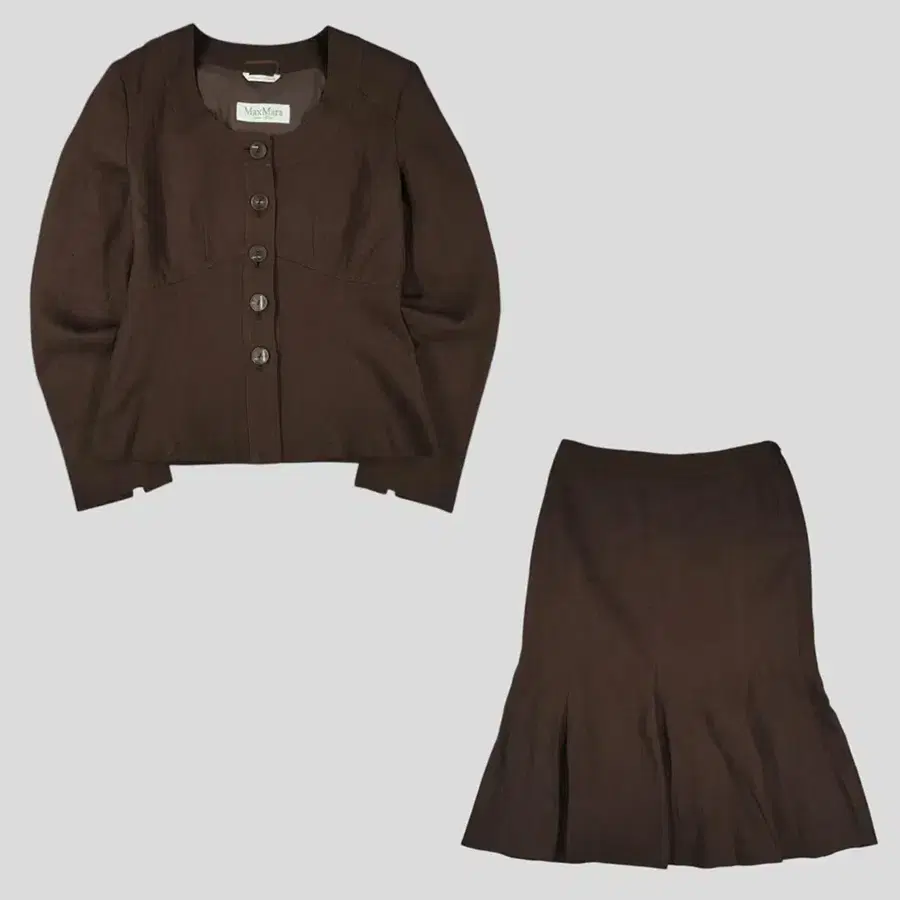 MAXMARA 막스마라 퓨어리넨 JP 브라운 절개 논카라 빅버튼 린넨 블레이저 자켓 머메이드 미디 스커트 치마 셋업 MADE IN ITALY WOMANS M-L
