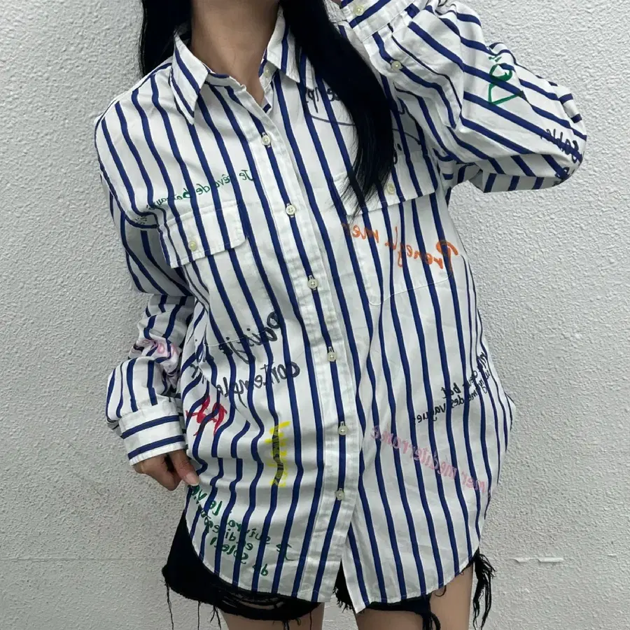 폴로 랄프로렌 프린팅 블루 스트라이프 포플린 셔츠 M