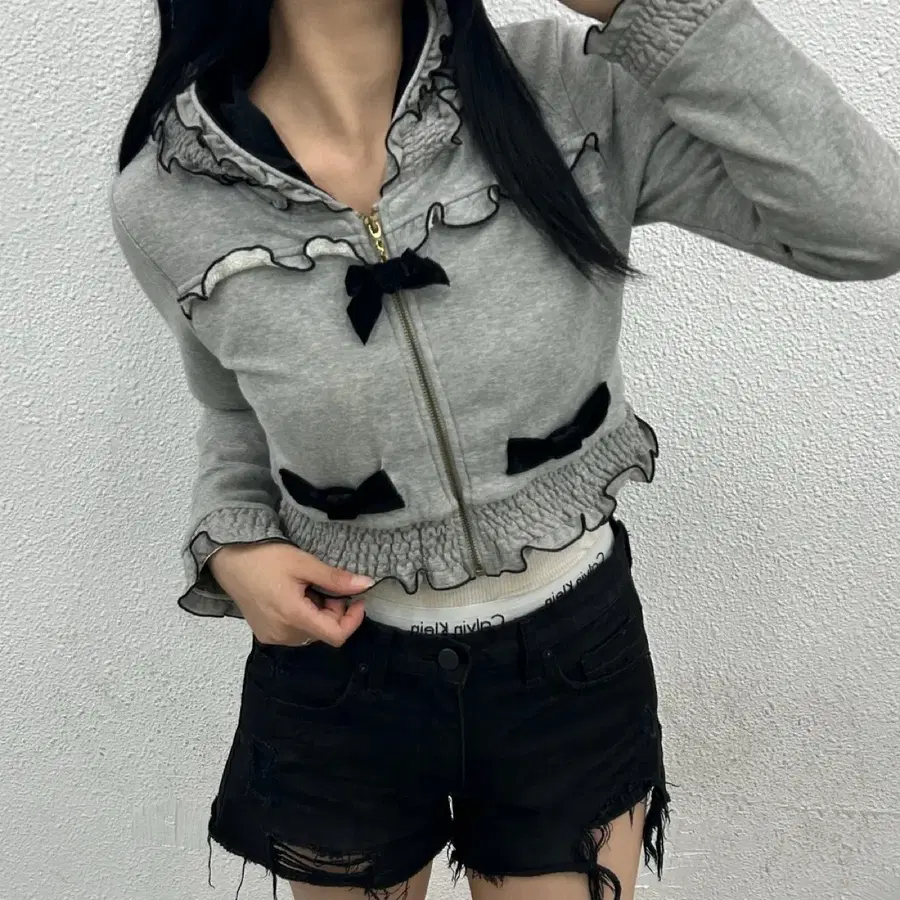 트랄라라 y2k 리본후드 프릴 그레이 후드집업