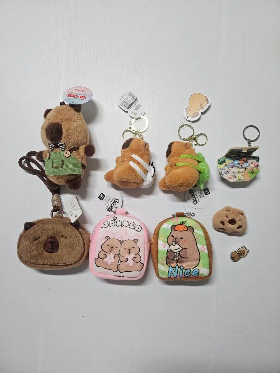 (새상품) 카피바라 파우치+인형+뺏지 키링+굴인형 가방멘+거북이가방멘 등 총 9개 일괄