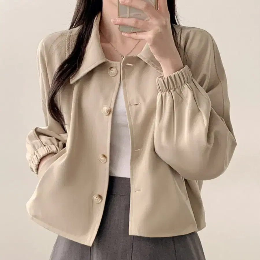 베이지 카라 버튼 블루종 자켓