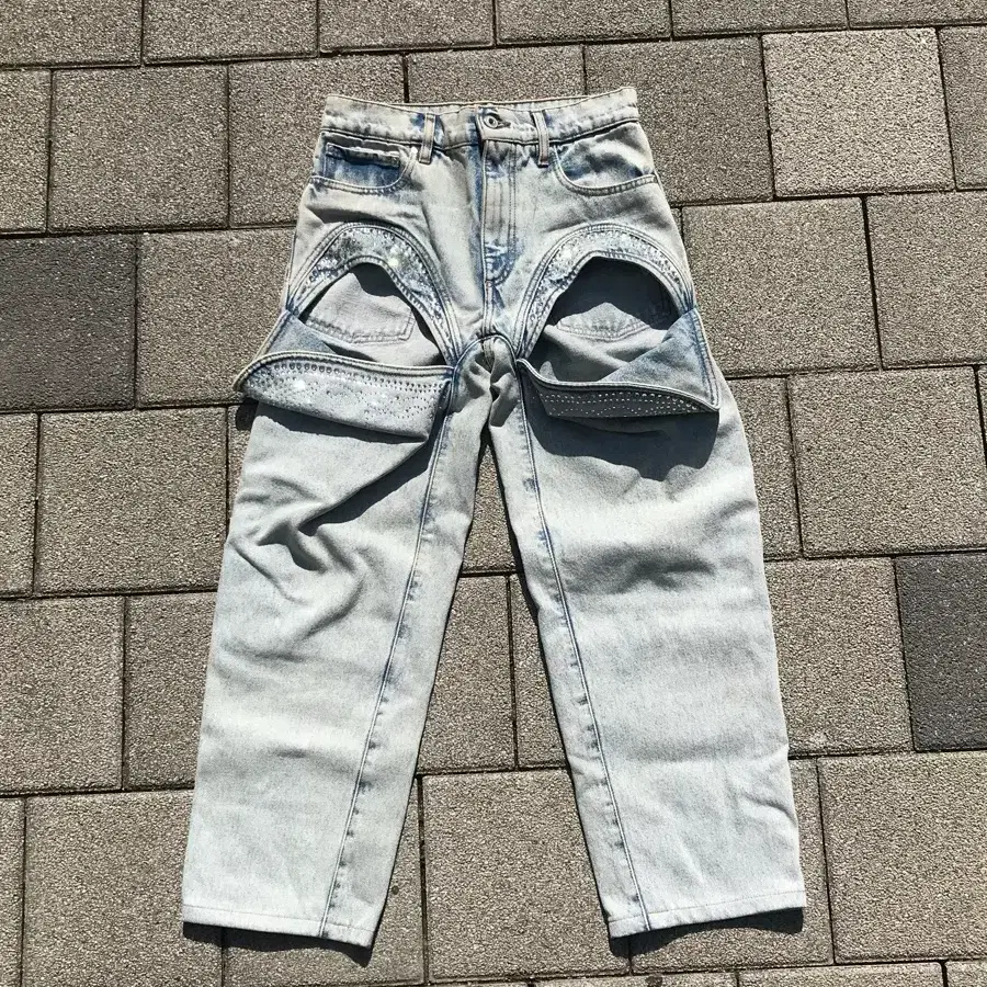 Y/PROJECT Rhinestone Cut-Out Wide Denim Pants