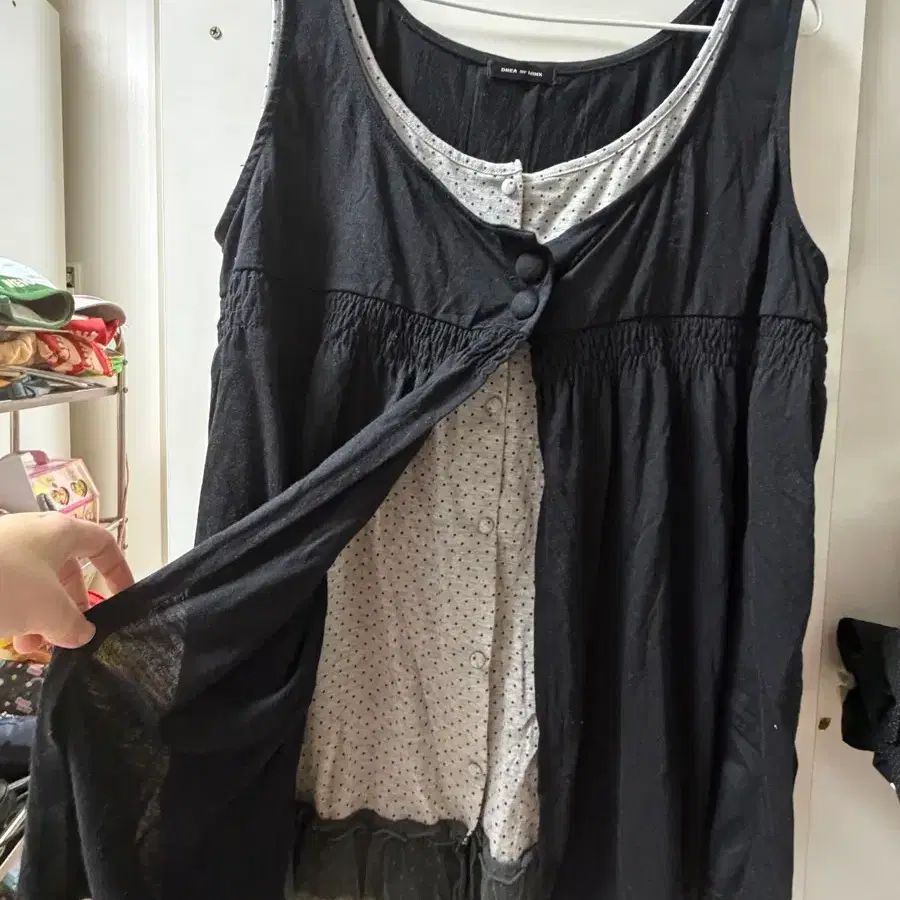 모리걸 바선생 무채색 블랙 도트 레이어드 민소매 나시 원피스 너드 니혼진