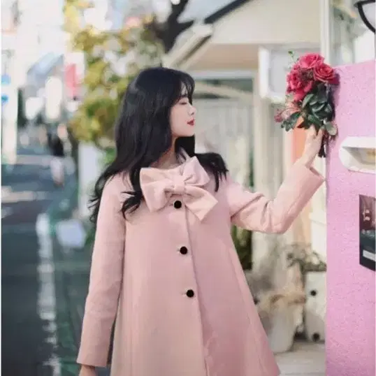 교신 밀크코코아 탈부착 핑크색 리본 코트