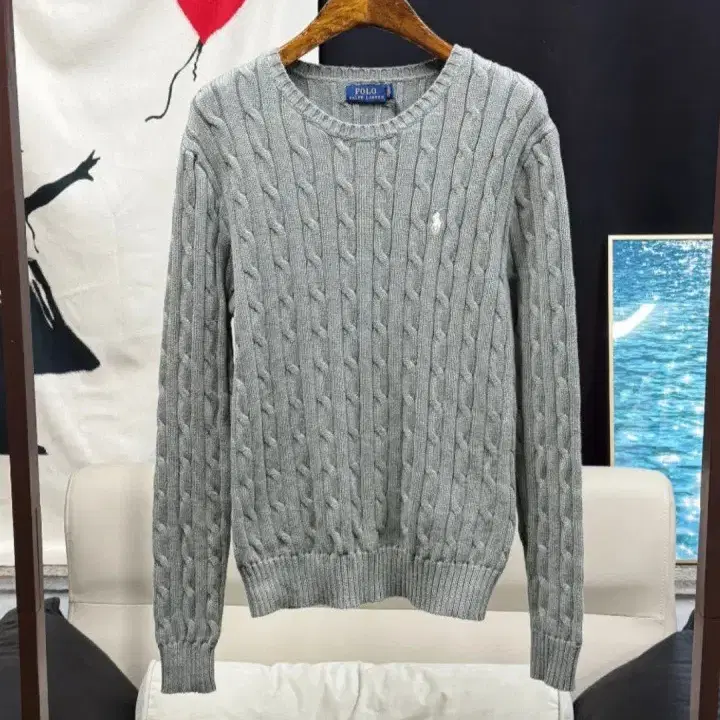여성 POLO 라운드넥 케이블 니트 그레이