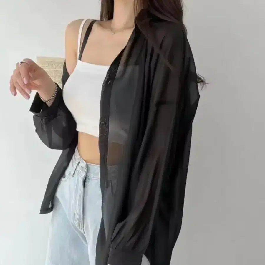 교신 비키니 커버업 시스루 루즈핏 셔츠 검정