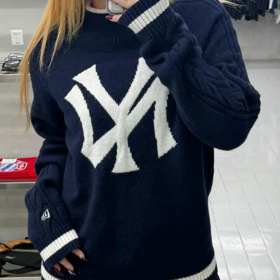 (M) 뉴에라 NY 양키스 네이비 빅로고 울 블렌드 꽈배기 니트