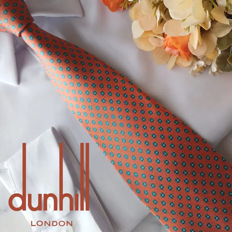 던힐 오렌지 플라워 자수 패턴 넥타이 9.2cm A+등급 e2124