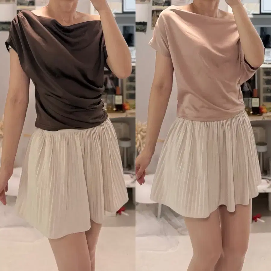 2color 브라운 베이지 오프숄더 실크 반팔 나시 셔링 입술넥 보트넥 티셔츠