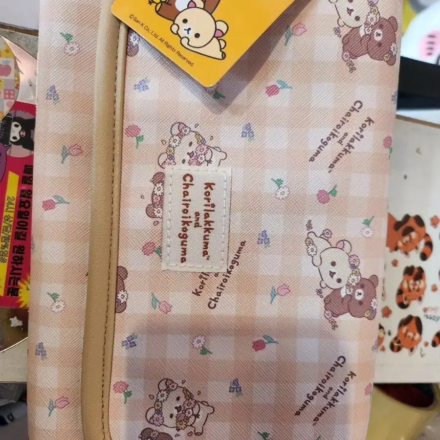 리락쿠마 파우치 핑크 체크 꽃무늬